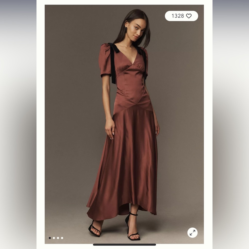 Mare Mare Bree Puff-Sleeve V-Neck Satin Slip Midi Dress